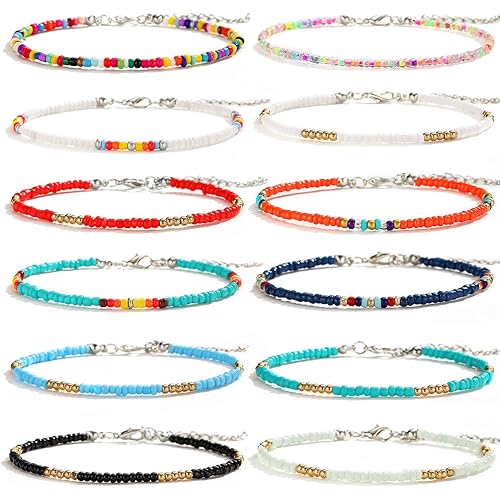 XIJIN 8Pcs Handmade Beaded Anklets for Women Boho Colorful Beads Ankle Bracelets Adjustable Foot Anklet Set