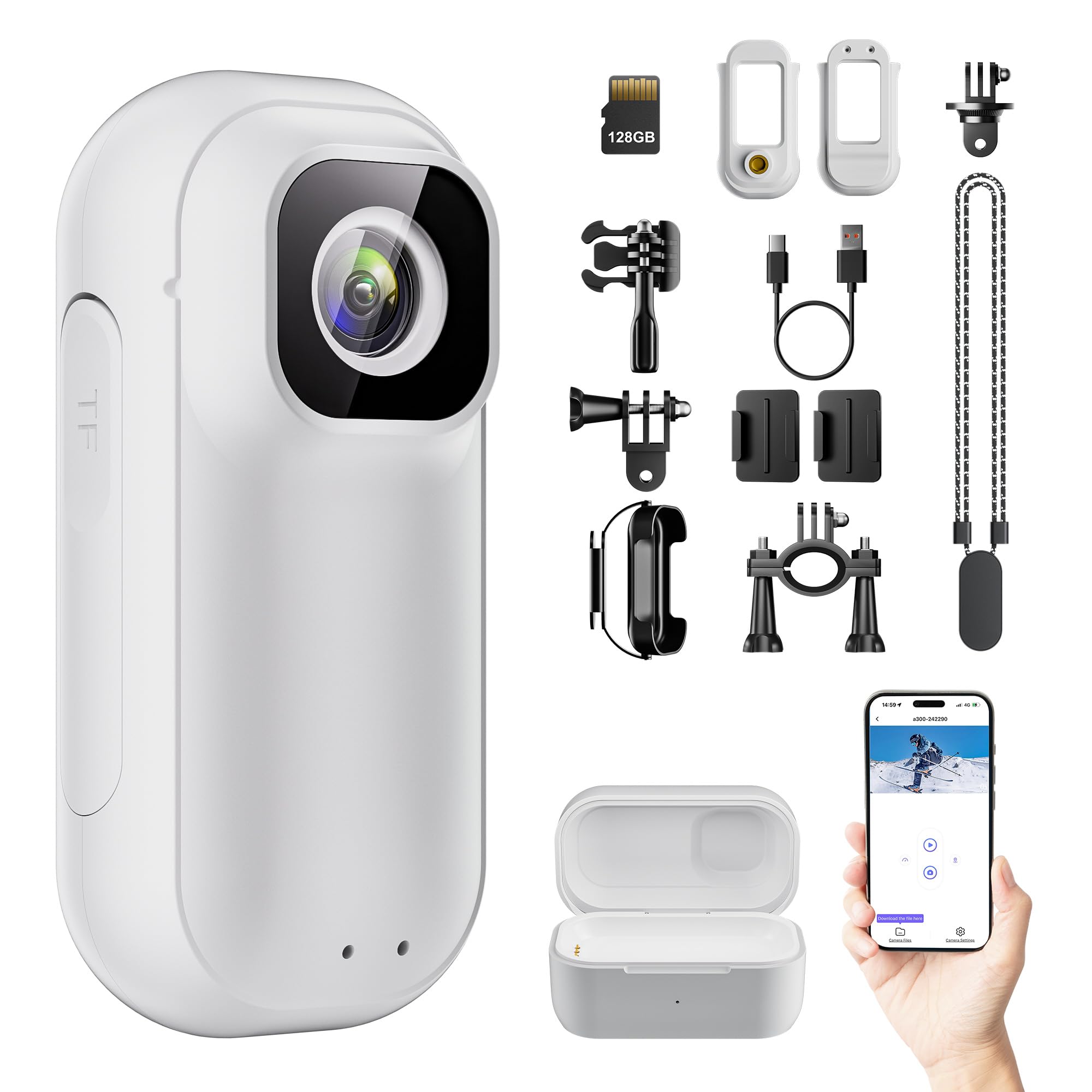 4K 128GB Wi-Fi Mini Action Camera, Body cam portatile con borsa di ricarica