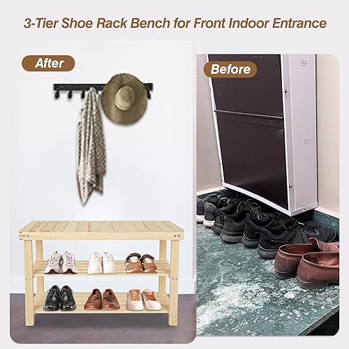 Miniatura 27 de ECOMEX Banco de entrada de 2 niveles con estante para zapatos, banco de almacenamiento de madera para pasillo, color natural, grande Color