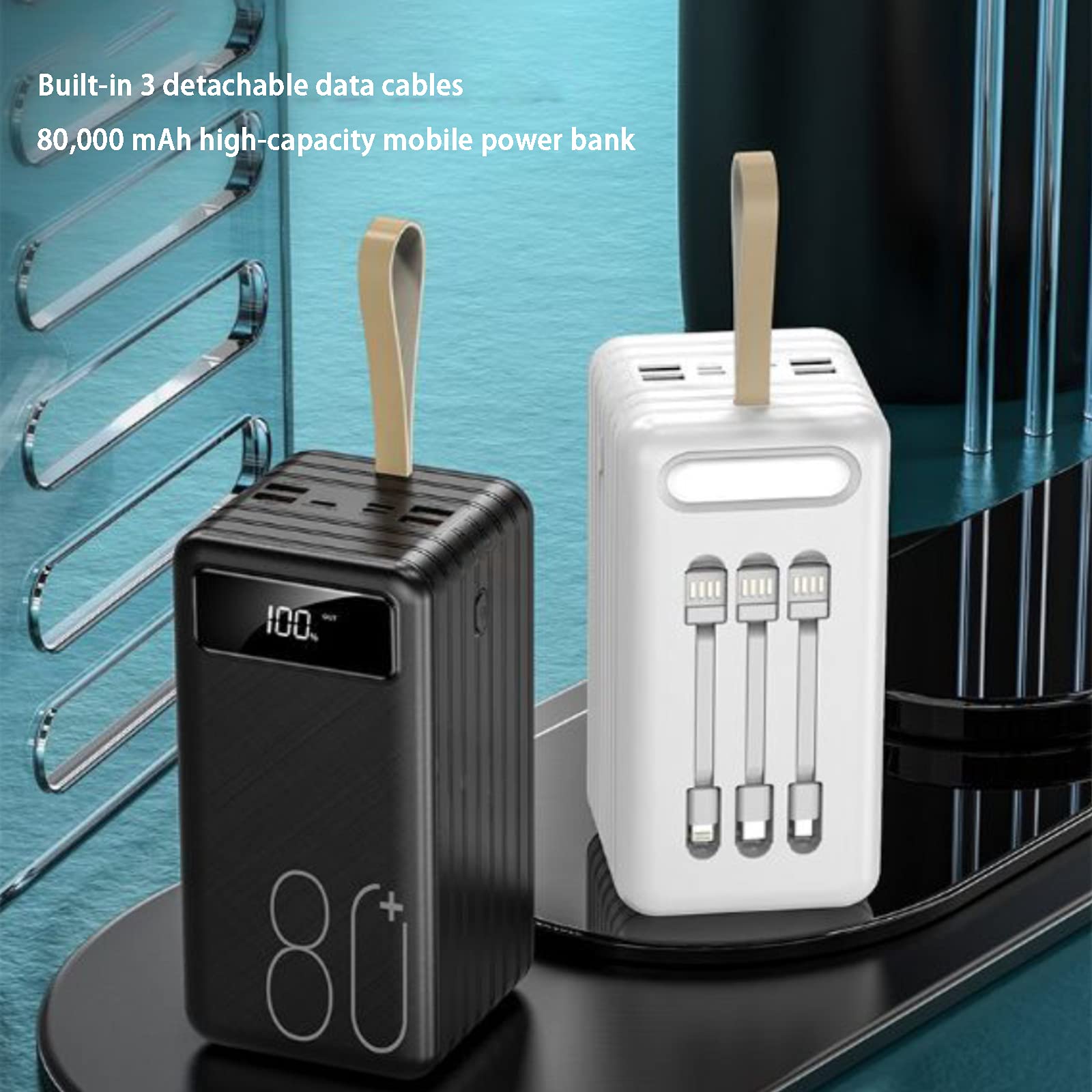 Powerbank, przenośna ładowarka 10 0000 mAh z wyjściami i wejściami, szybka ładowarka do iPhone'a z latarką, zewnętrzny akumulator USB-C o bardzo dużej pojemności (rozmiar: czarny, kolor: 80000