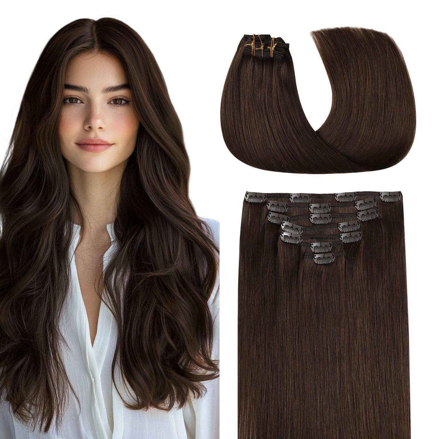 COOKAYU Clip in Hair Extensions Real Human Hair, Real Hair Extensions Clip in Human Hair Medium Brown Straight Hair 14inch 120g 7Pcs