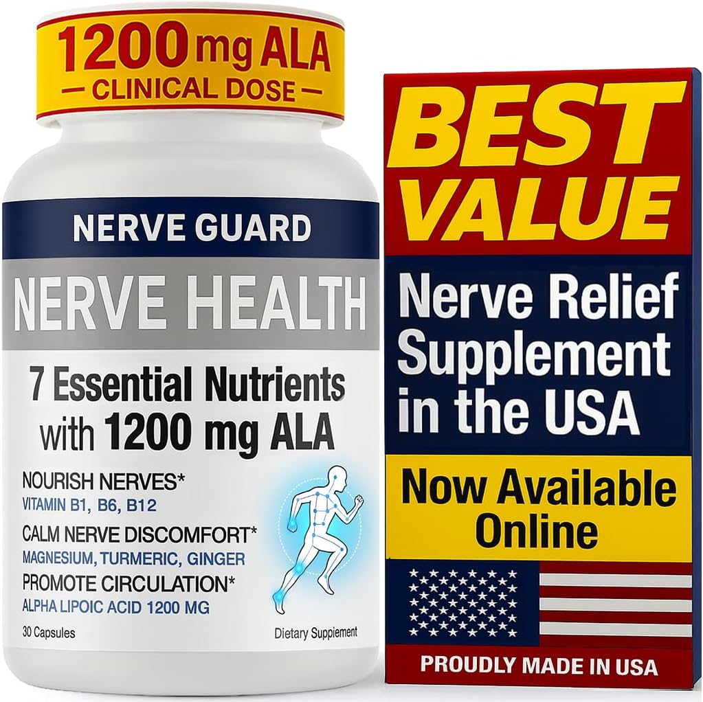 Nerve Health Supplement with 1200 mg Alpha Lipoic Acid to Fortify Nerve Health and Function in Fingers Hands Toes & Feet – 1200mg ALA, Vitamins B12 B6 & B1, Magnesium – 30 Capsules