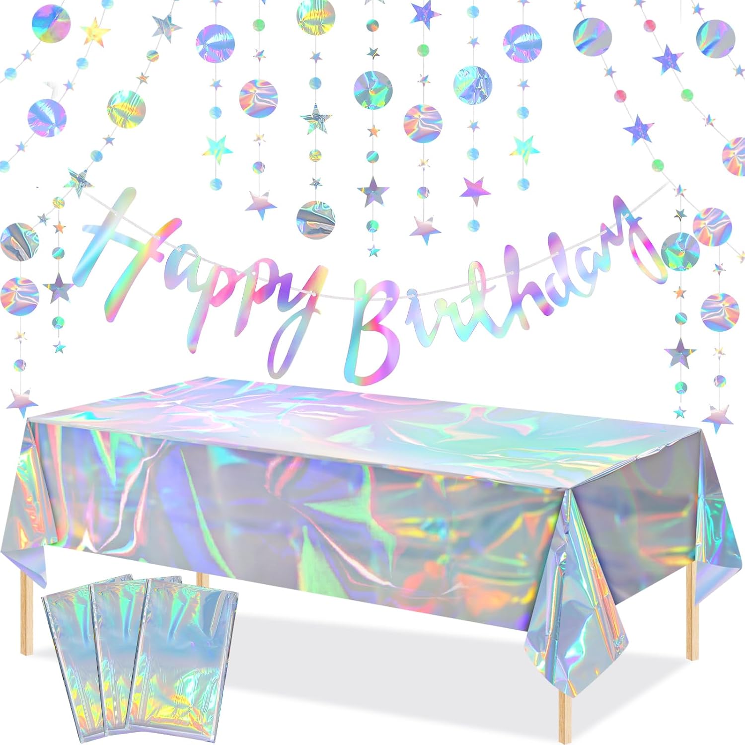 Reallnaive 5 Pcs Iridescent Birthday Party Decorations Set Including 3 Iridescent Tablecloth, 1 Banner and 1 Streamers, 108" x 54" Shiny Laser Table Covers Birthday Party Decor Wedding Xmas