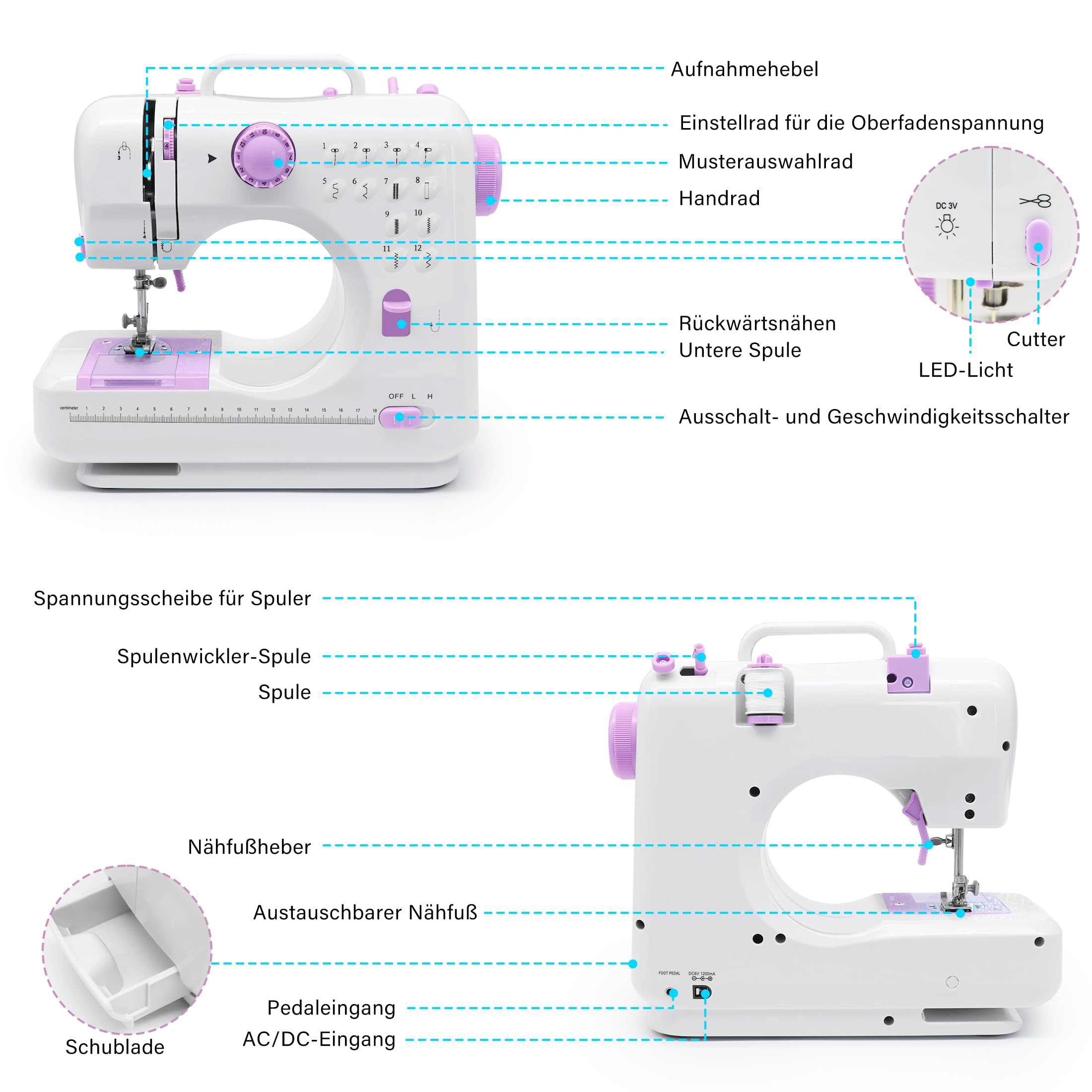 Máquina de Coser con Mesa de Extensión, Mini Máquinas de Coser Eléctrica Portátil, 12 Máquinas de Coser con Luz LED, Kit de Accesorios de Costura, Ideal para Ropa, Fundas de Almohada, Sábanas
