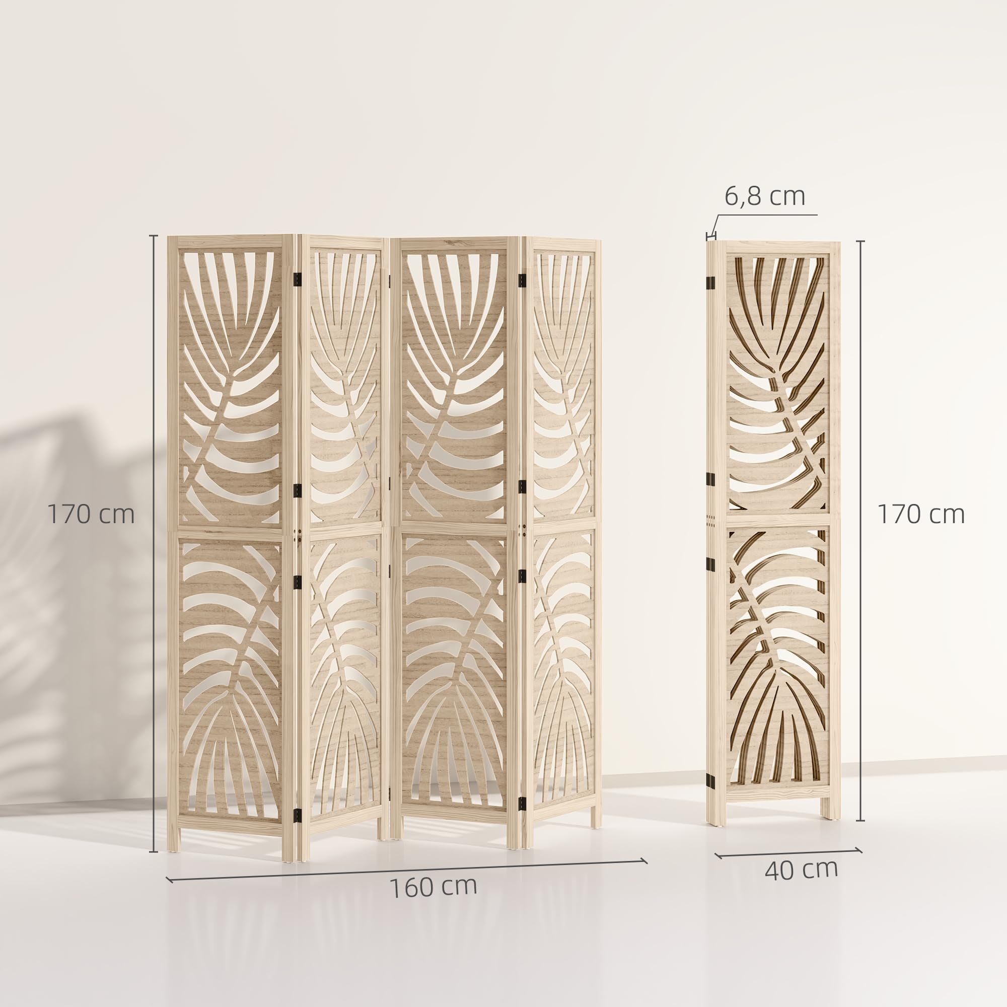 HOMCOM Paravent Intérieur en Bois 4 Panneaux 160 x 170 cm, Séparateur de Pièce Pliable et Portable, Motif de Feuille, Cloison de Séparation Amovible pour Salon, Chambre à Coucher, Maison, Bois Naturel