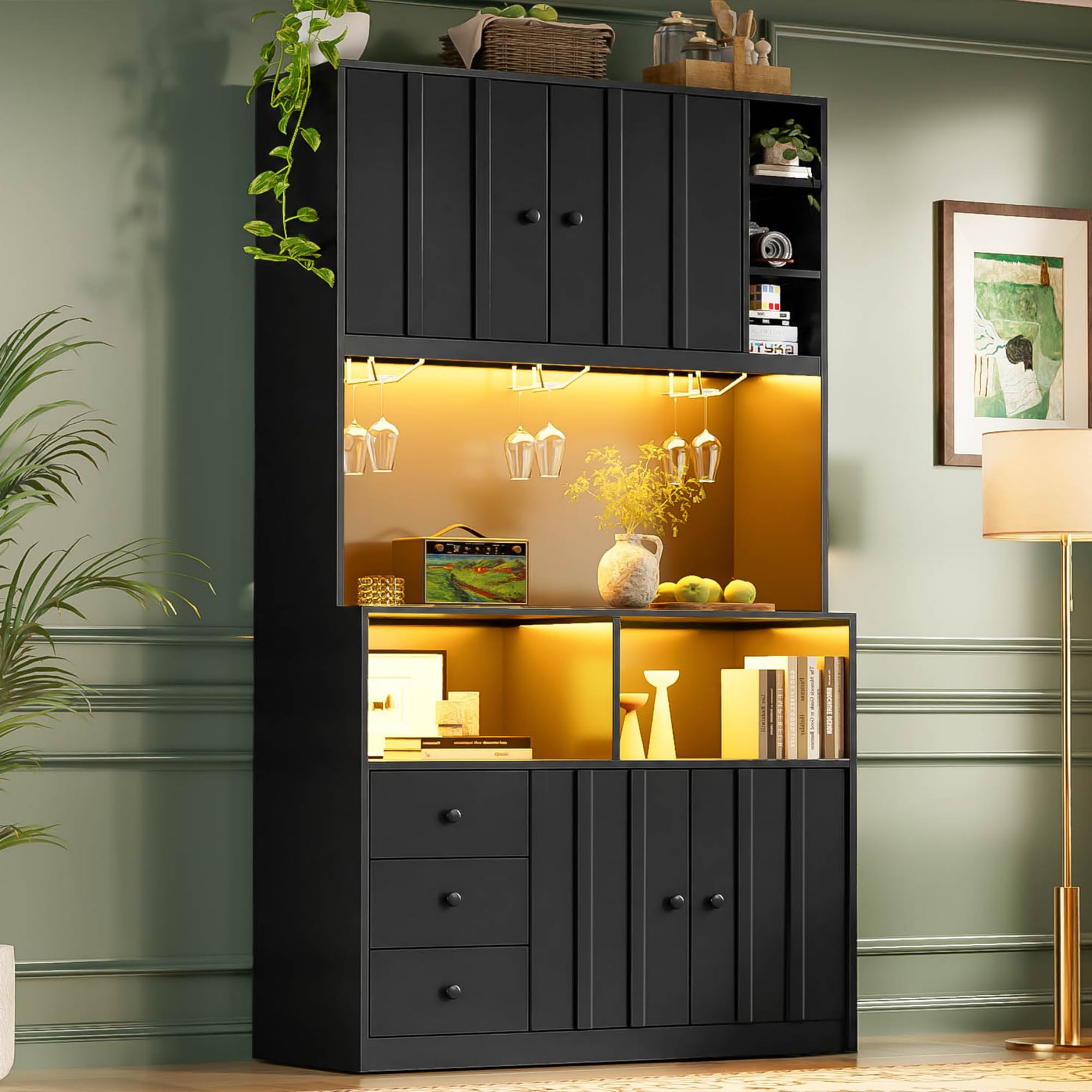 Merax Küchenschrank mit Arbeitsplatten, Buffetschrank mit LED, Steckdose, 3 Schubladen, Weinregal, Offenen Regalen, Verstellbare Einlegeböden, Küchenschränke für Küche, 100x40x180cm, Schwarz