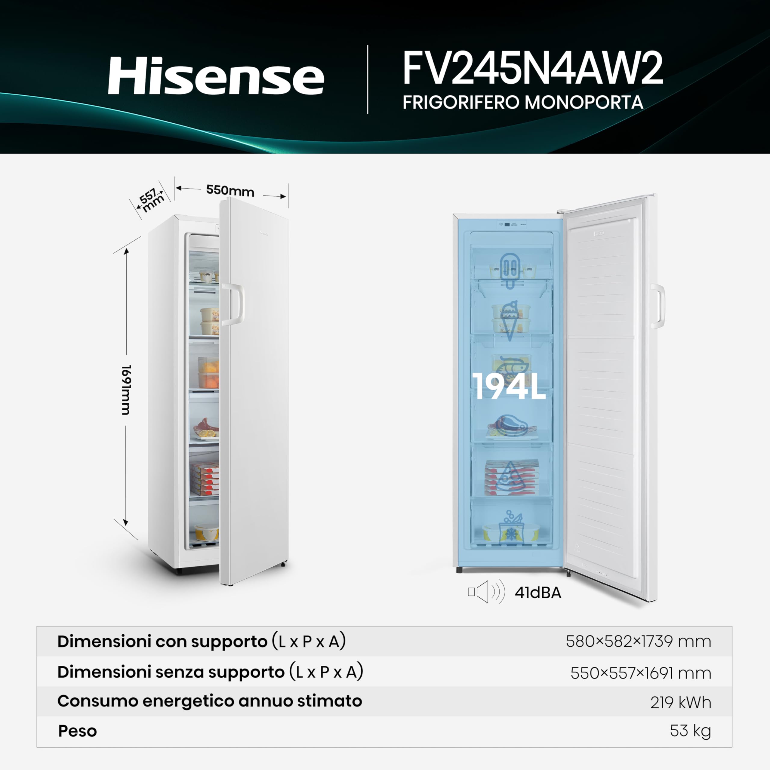 Hisense FV245N4AW2 Freezer Verticale, Total No Frost, 194 L, Bianco, Porte reversibili