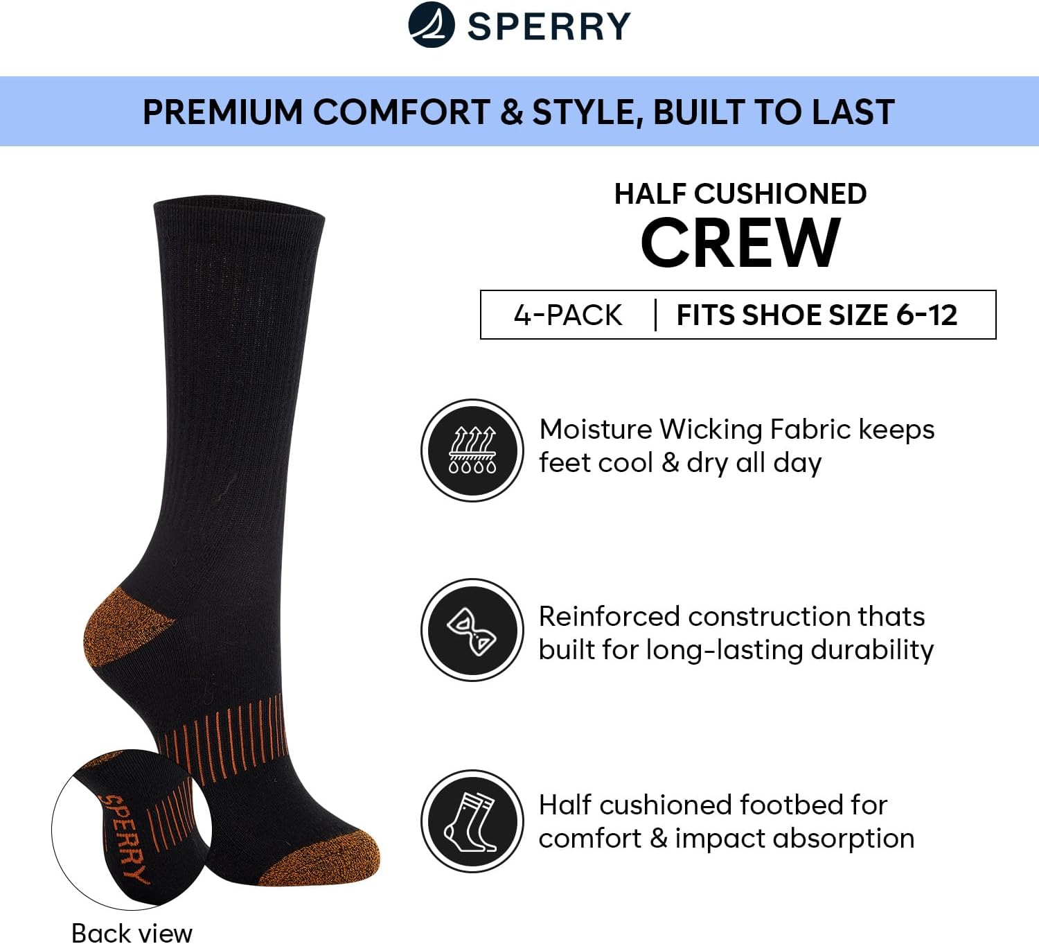 Sperry Mens Work Socks, 4-Pack Half Cushioned Crew - Soft Cotton Moisture-Wicking Boot Socks with Reinforced Heel and Toe - Image 5