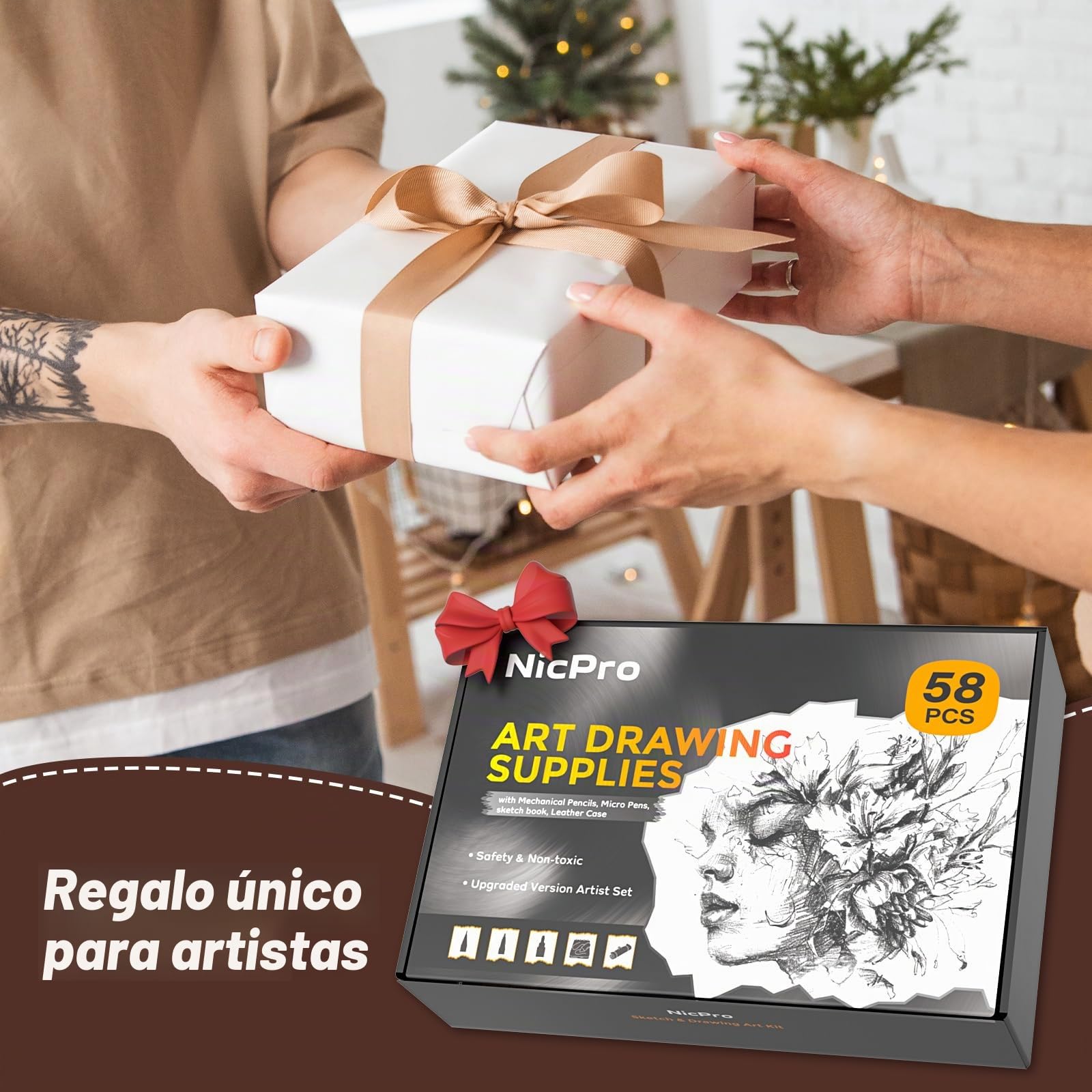 Nicpro 58 piezas portaminas mecánicos con estuche de cuero, kit de dibujo artístico con 6 portaminas de 0,5, 0,7, 0,9 y 2 mm, bolígrafo de 12 micras, cuaderno de bocetos, 30 recambios de mina
