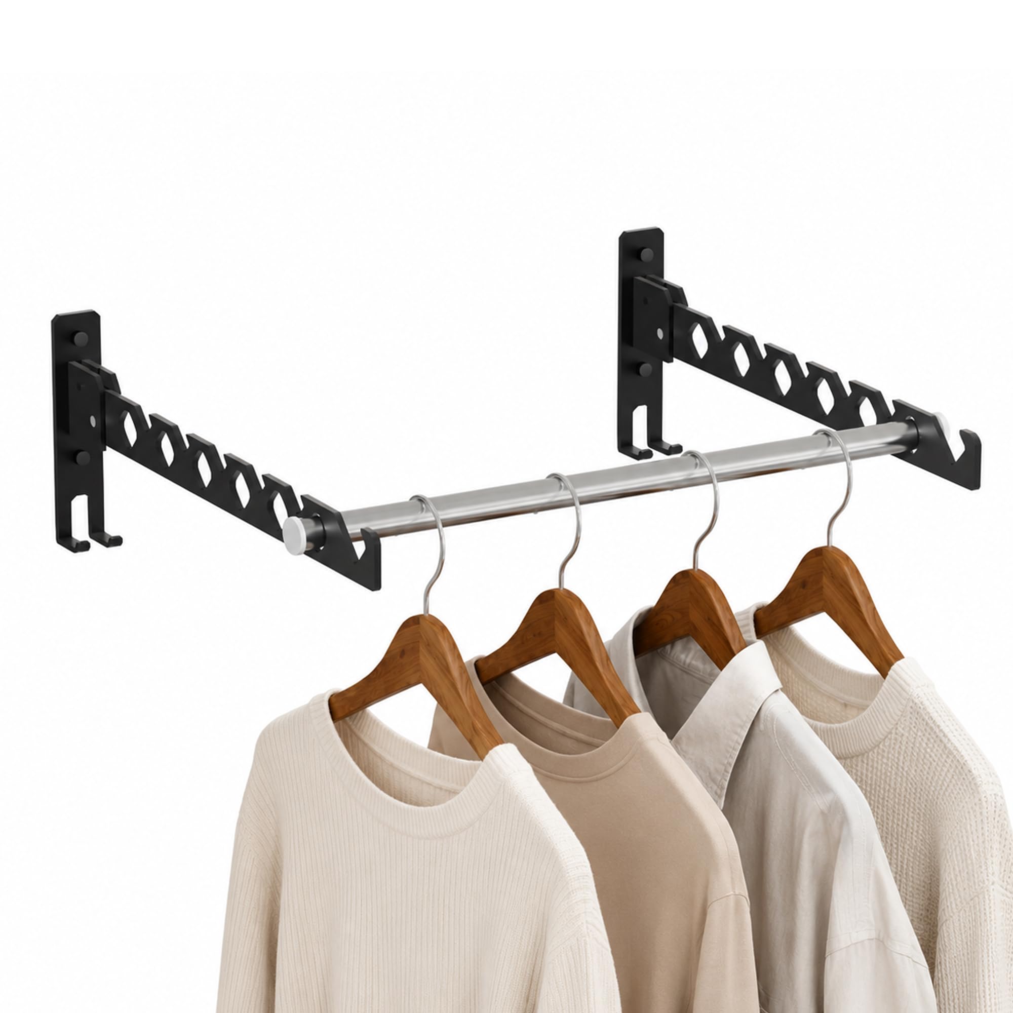 RFOUO Wall Mounted Clothes Hanger,Foldable drying rack,Black,2Pack with Rod