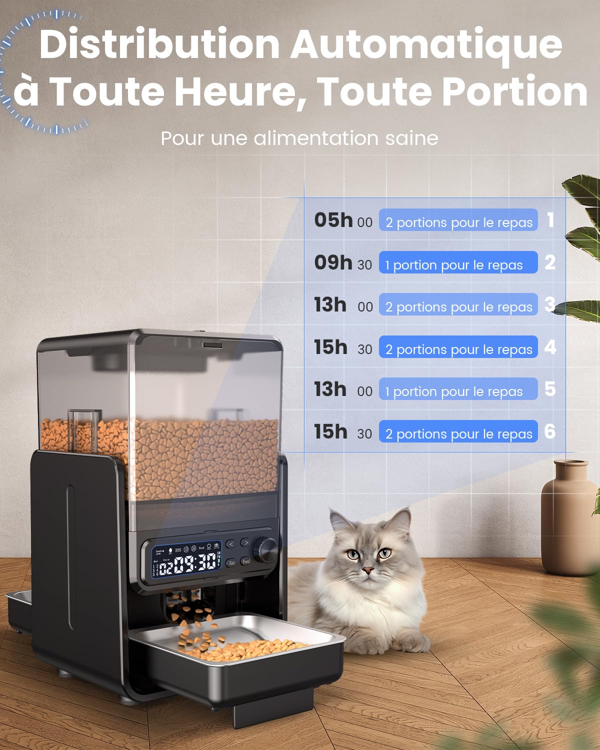 Distributeur automatique de nourriture pour chat pour 2 chats, 5L/20 tasses Distributeur automatique de nourriture pour chat avec bols réglables, panneau de commande amovible, programmation