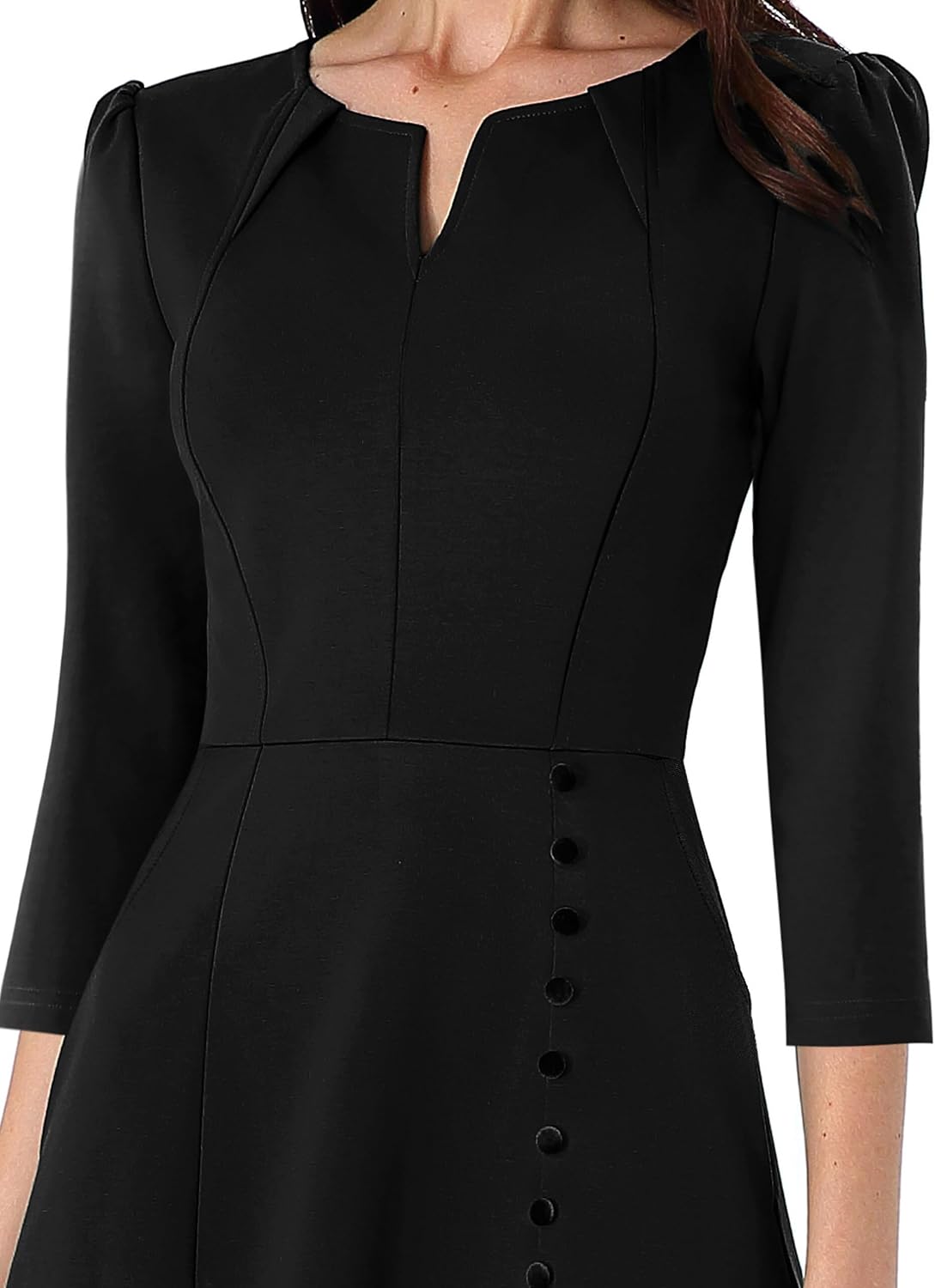 VFSHOW Womens Pleated Notch V Neck Front Slit Buttons Pockets Office Business Work Slim A-line Fit and Flare Midi Dress - Image 3