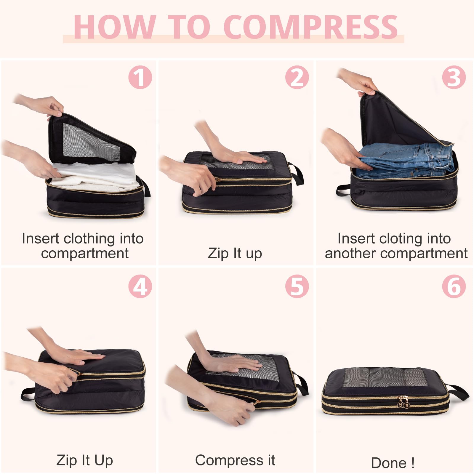 Cubo da imballaggio a compressione espandibile su entrambi i lati, set da 3 pezzi, leggero, a doppio ponte, borsa organizer per bagagli, zaini, valigie, accessori da viaggio da donna per vestiti