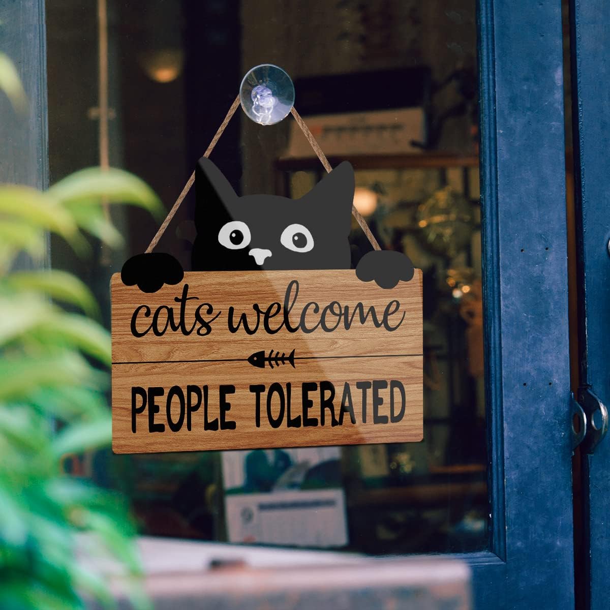 LHIUEM Funny Cat Welcome Sign,Cats Welcome People Tolerated Kitty Kitten Wooden Plaque,10X11 inches Black Cat Wall Decor, Funny wood Sign For Pet Shop Home,Cat Lover Gifts image 3
