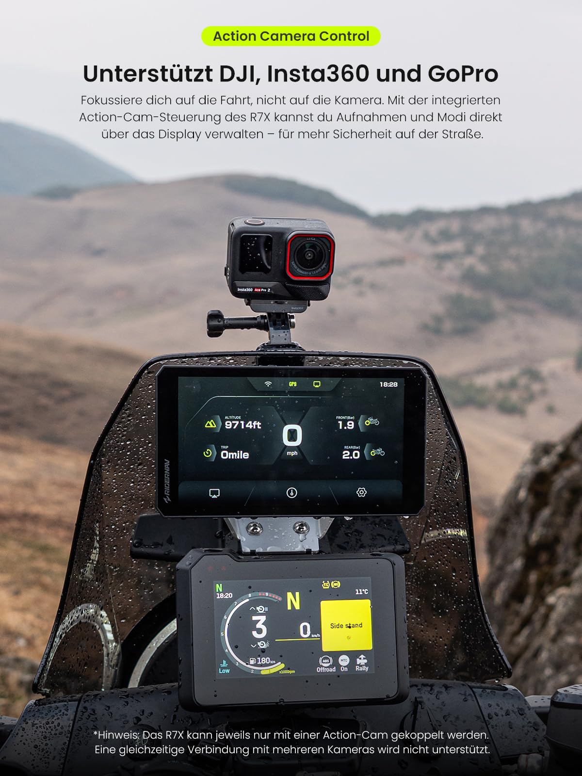 R7X Kabelloses Motorrad-Display für Apple CarPlay & Android Auto, Quick-Release-Halterung, 7" 1200 Nits 60fps Display, IP69K Wasserdicht, Action-Kamera-Steuerung, Universelle Passform