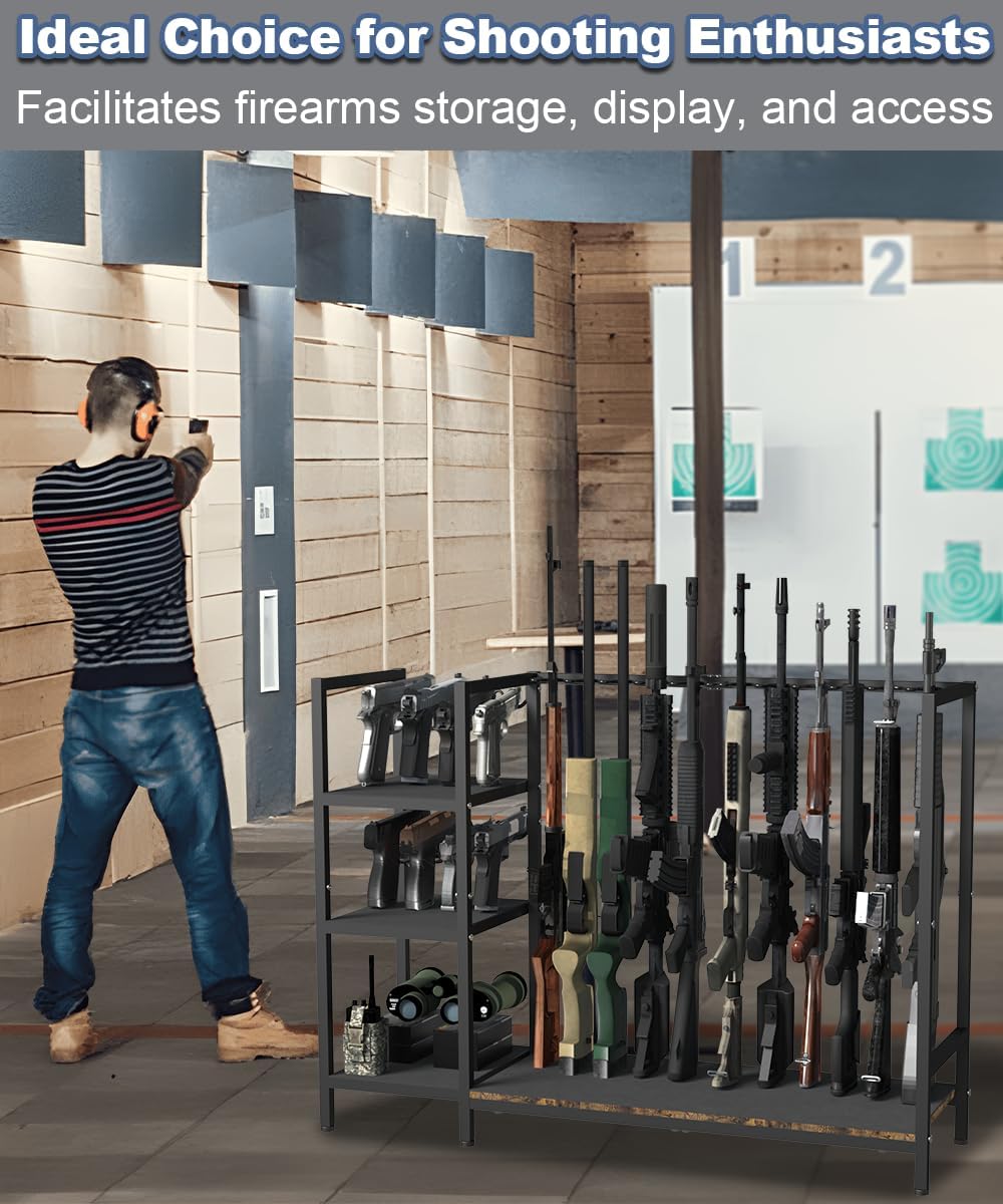 Gun Rack, Floor Standing Rifle Stand with Pistol Shelves, Vertical Shotgun Storage Holder Display Racks Indoor with Padding for Home or Garage, Hold up to 11 Long Guns and 8 Handguns, Black