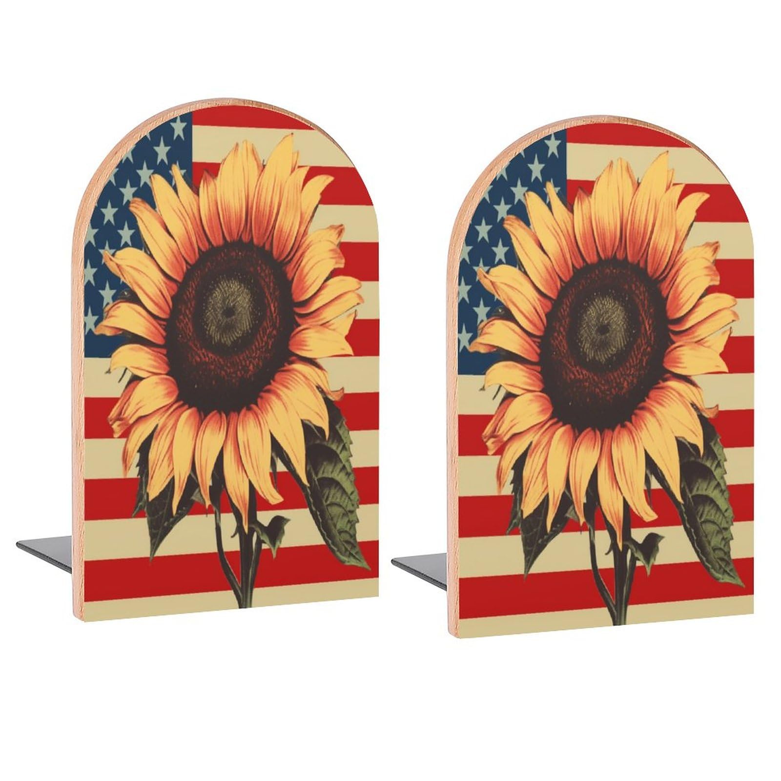Sunflower on Vintage American Flag Book Ends Decorative Wood Bookends for Shelves Kids Room Desk Home Office Book Stoppers for Magazines,Books, DVDs,