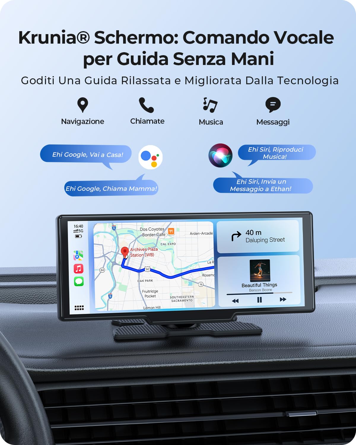 Schermo Auto Portatile 9,26" Wireless con Dash Cam Frontale 4K e Posteriore HD, Apple CarPlay, Android Auto, OTA, Mirror Link, Bluetooth 5.0, Controllo Vocale, GPS, FM