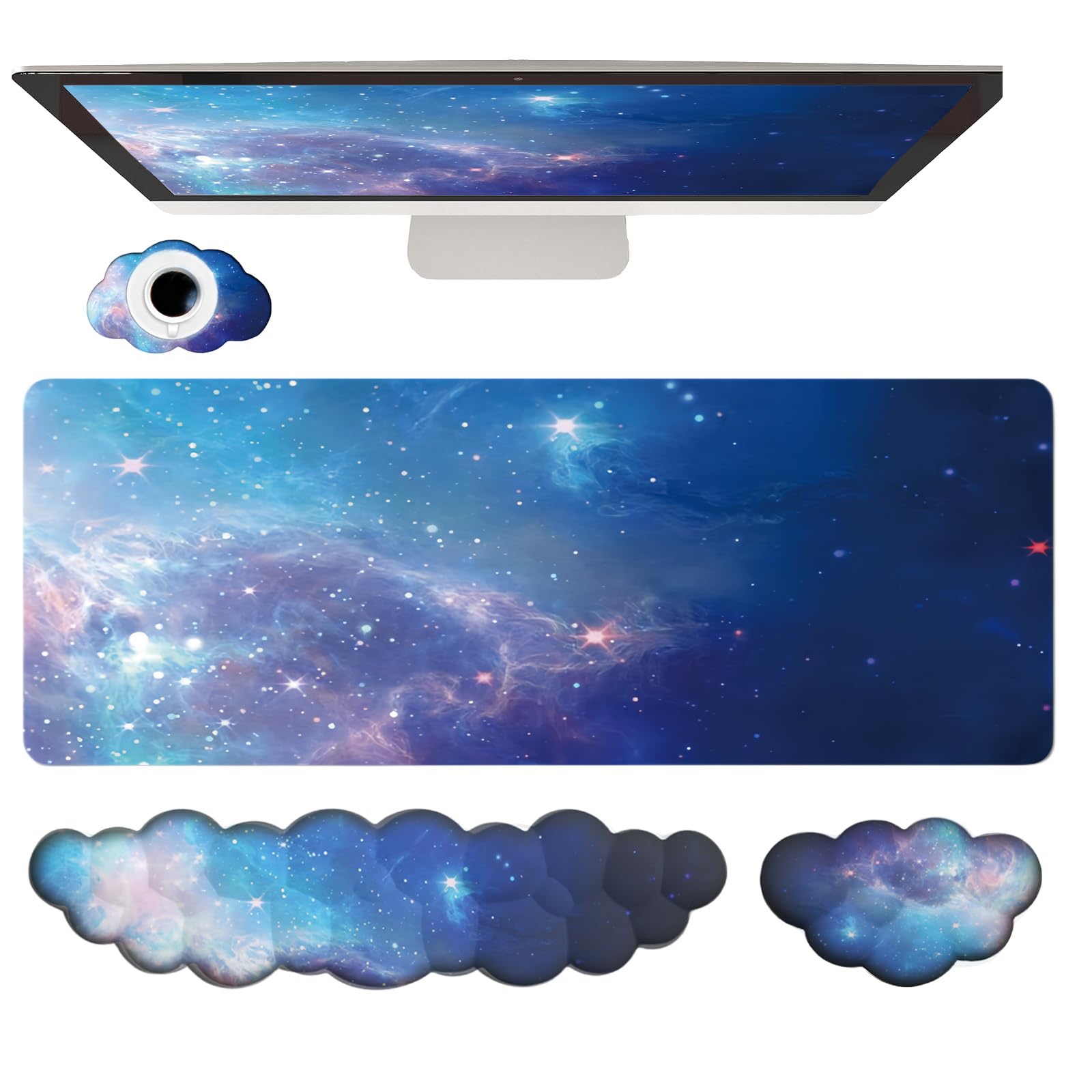Photo 1 of [ONLY MOUSEPAD] Cloud Wrist Rest Keyboard Galaxy Mouse Pad Set Gradient Blue Large Desk Mat Ergonomic Space Wrist Pad Memory Foam Non-Slip Stars Wrist Support for Computer Laptop Gaming Home Office Relief Typing Pain