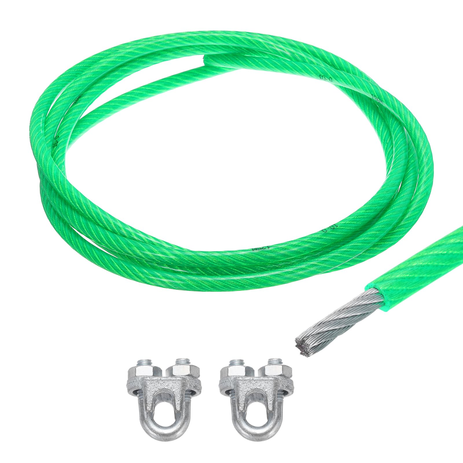 MECCANIXITY 10mm (3/8 inch) Green Vinyl Coated Wire Rope, 3meter /10ft Galvanized Steel Cable Wire Rope with 2PCS M10 Loop Sleeves for String Light Hanging, Deck Railing, Garden Wire