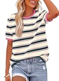 Womens Summer Tops 2025 Crewneck Short Sleeve Striped T Shirts Casual Loose Lightweight Color Block Basic Tee
