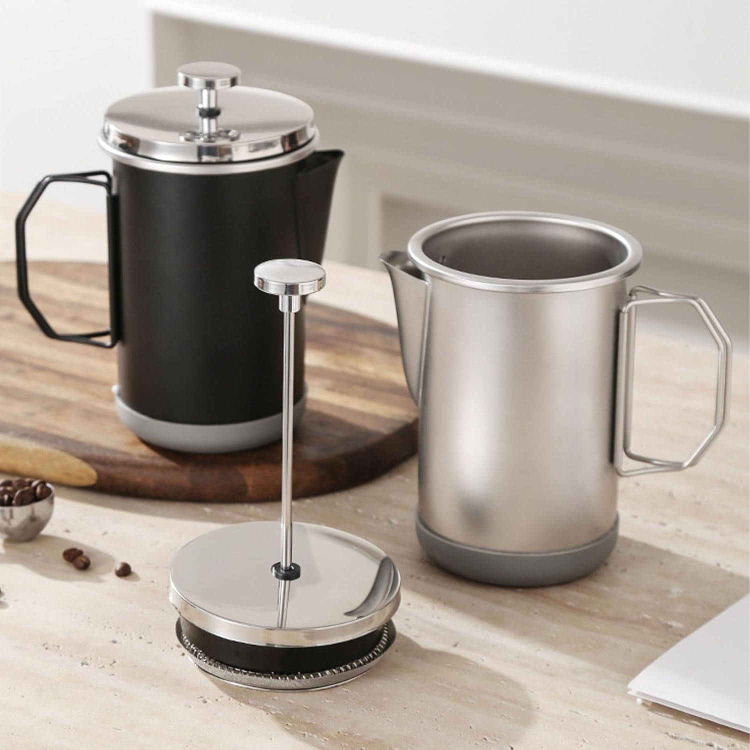 French Press Coffee Maker 304 Stainless Steel, 1000ml Portable Silver Pot - Durable Borosilicate Glass, Multi - Function Tea and Coffee Brewer for Travel (Silver)