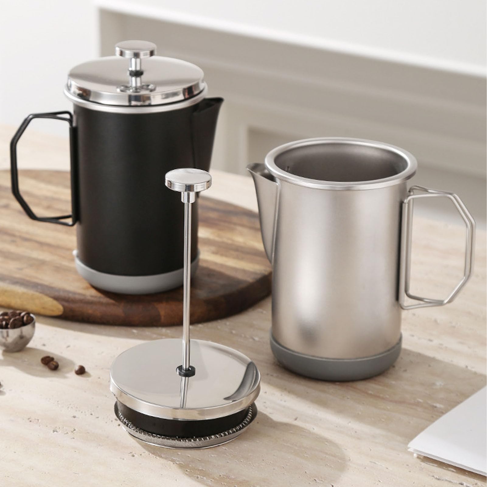 HURRISE French Press Coffee Maker Portable 304 Stainless Steel Hand Brewed Coffee Press Teapot for Camping 1000ml (Silver)