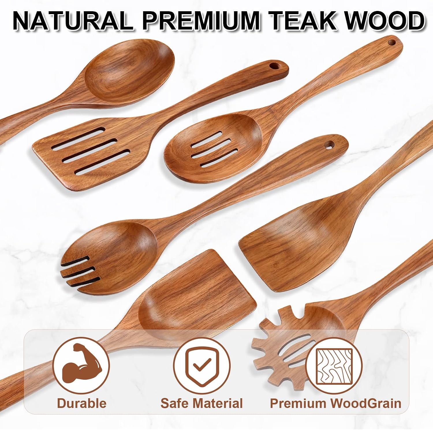Wooden Spoons for Cooking, 7 Piece Natural Teak Wooden Kitchen Utensil Set, Wooden Utensils for Cooking with Long & Comfort Grip, Cooking Utensils Set Perfect for Non-Stick Cookware
