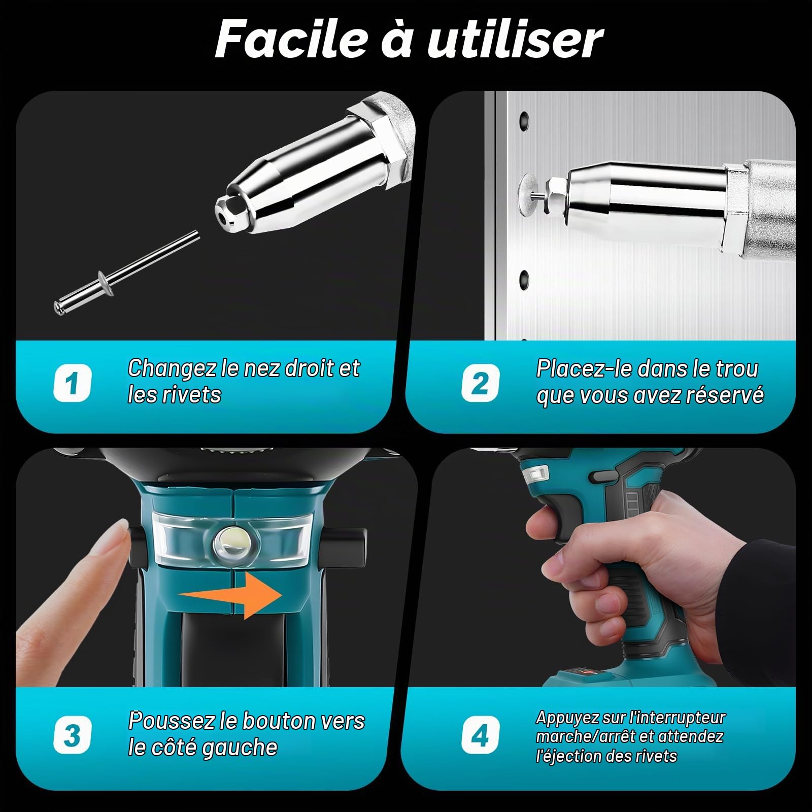 Pince à Riveter sans fil Compatible avec Batterie Makita 18V, 20,000 N Riveteuse Electrique, Pince à Riveter Electrique pour Rivets en Aluminium de 2,4-4,8 mm avec 2 Batteries