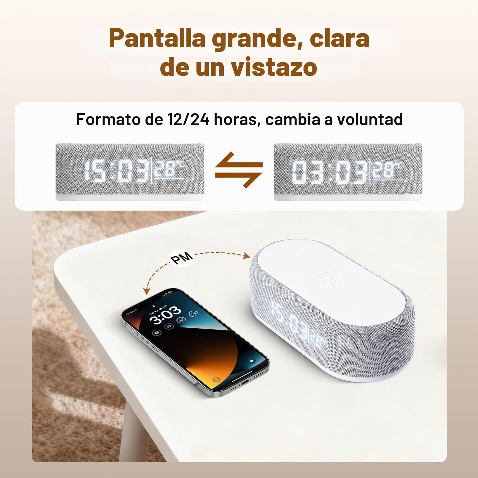 Despertador Digital 4 en 1, Cargador Inalámbrico, Despertador Inteligente con indicador de luz y Temperatura, Brillo Ajustable