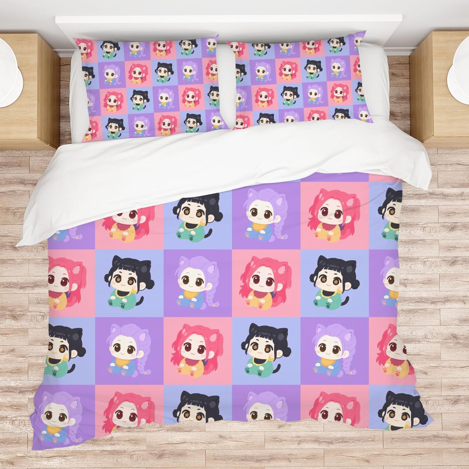 Allenjoy Cute Seamless Purple Korean Hunter Comforter Set with 2 Pillowcases for Girls Teens Women Fans Daughter Bedroom Nursery Bedding Room Decor, Machine Washable Durable Full Size