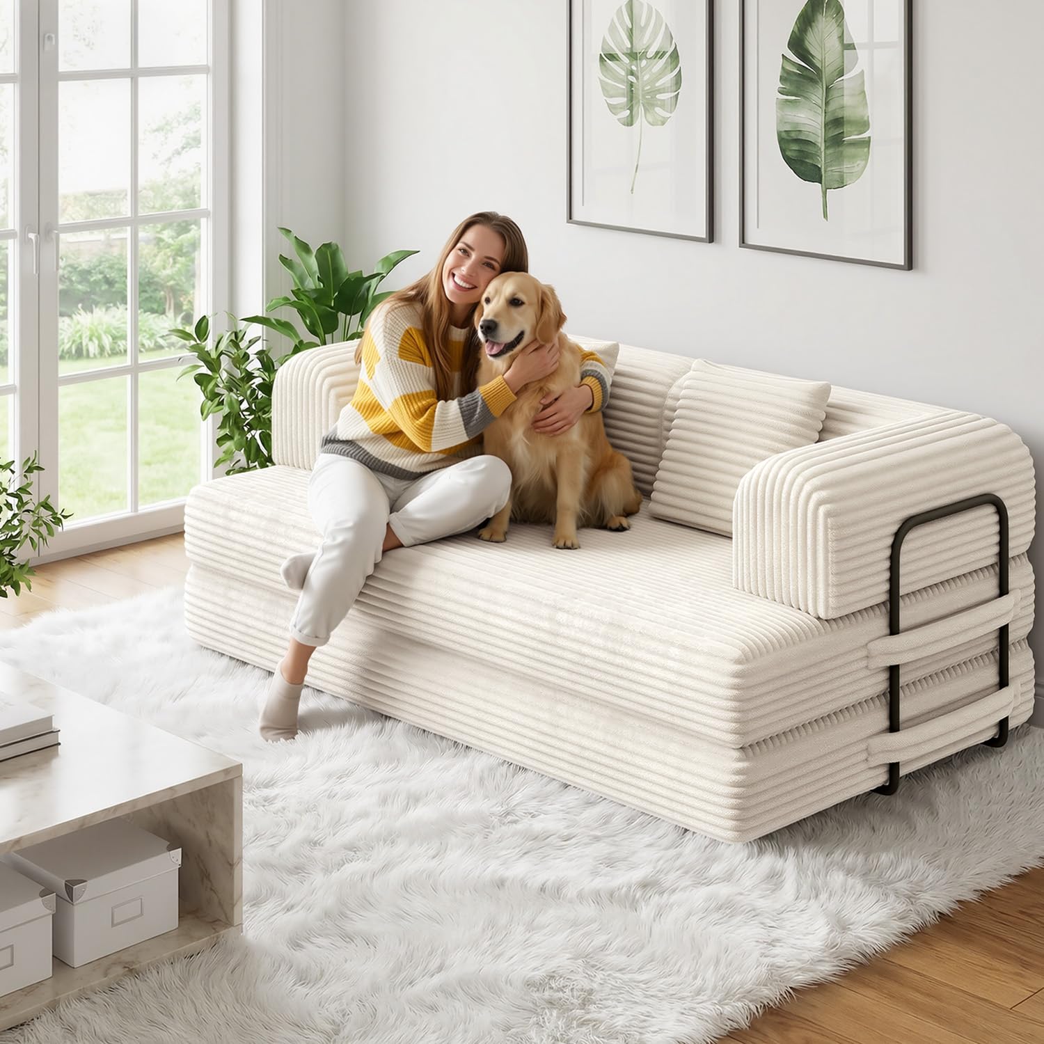 Xbro Sofá Cama 2 Plazas, Sofa Modular con 5 Configuraciones Transformables, Sofa Comprimido al Vacio(Sin Montaje) de Pana para Salón y Dormitorio, Blanco, 160x90x61 cm