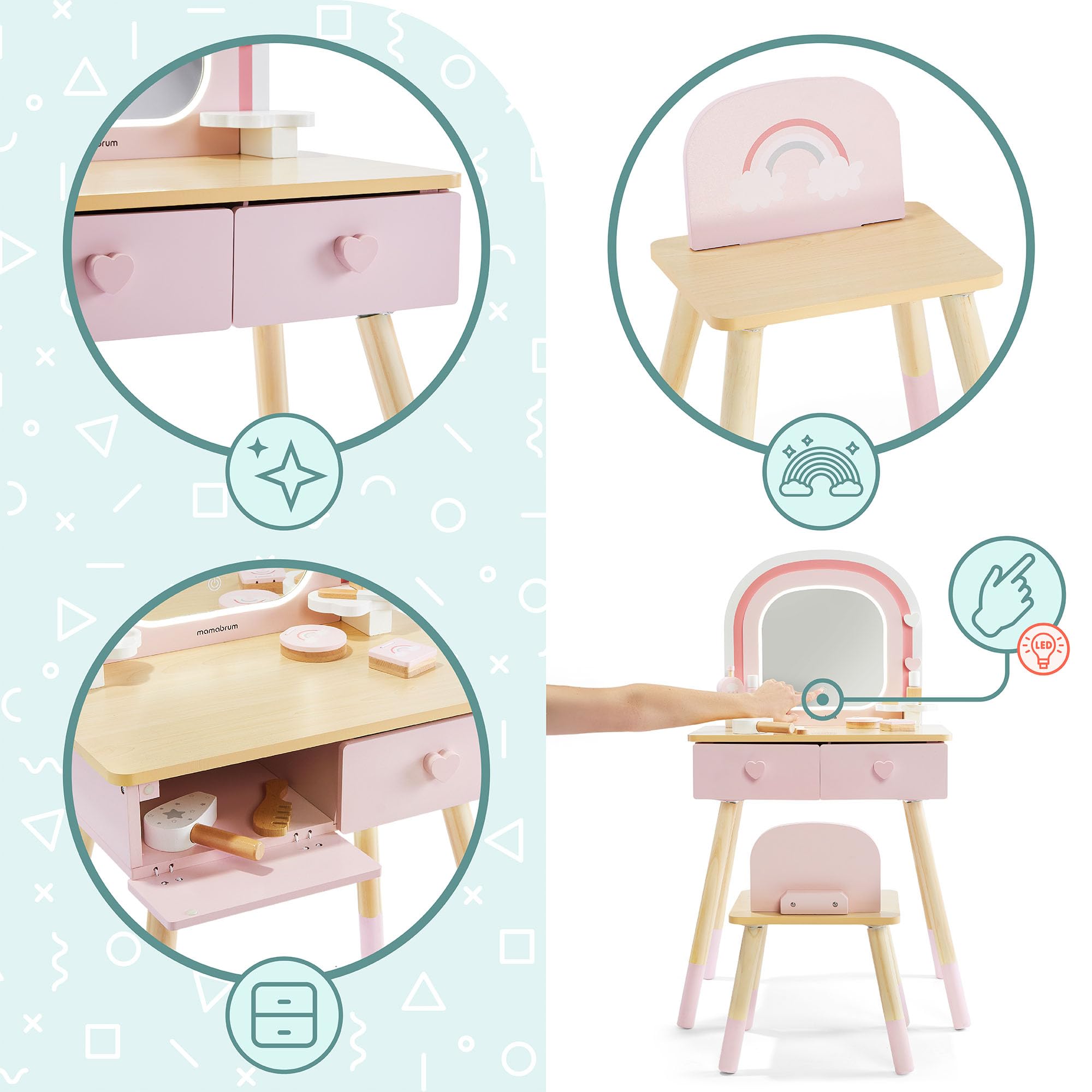 mamabrum Toeletta In Legno Per Bambini Con Specchio LED, Luce Regolabile, Sgabello E Accessori – Arredo Educativo E Creativo Ideale Per La Cameretta E Il Gioco Di Ruolo