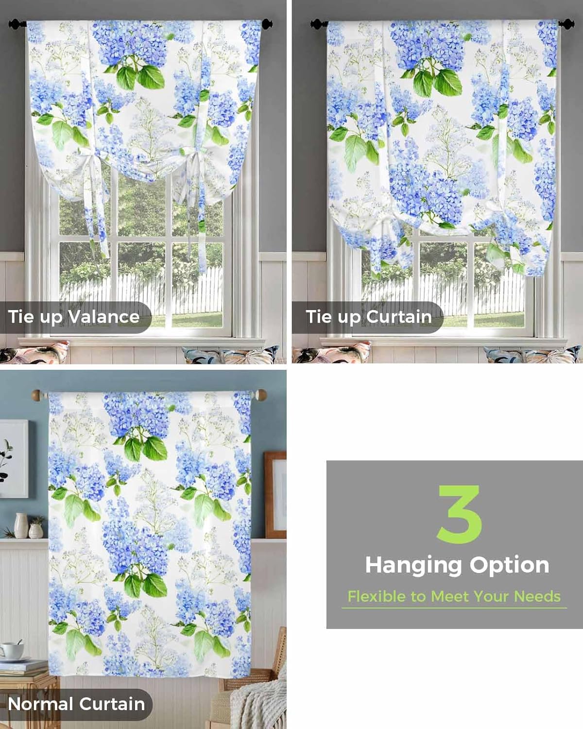 Watercolor Blue Hydrangea Flowers Tie Up Curtains for Kitchen Windows, Blossom Floral Leaf Botanical Adjustable Balloon Shade Curtain Panel Rod Pocket Drapes for Small Window Decor 42"Wx45"L, Summer