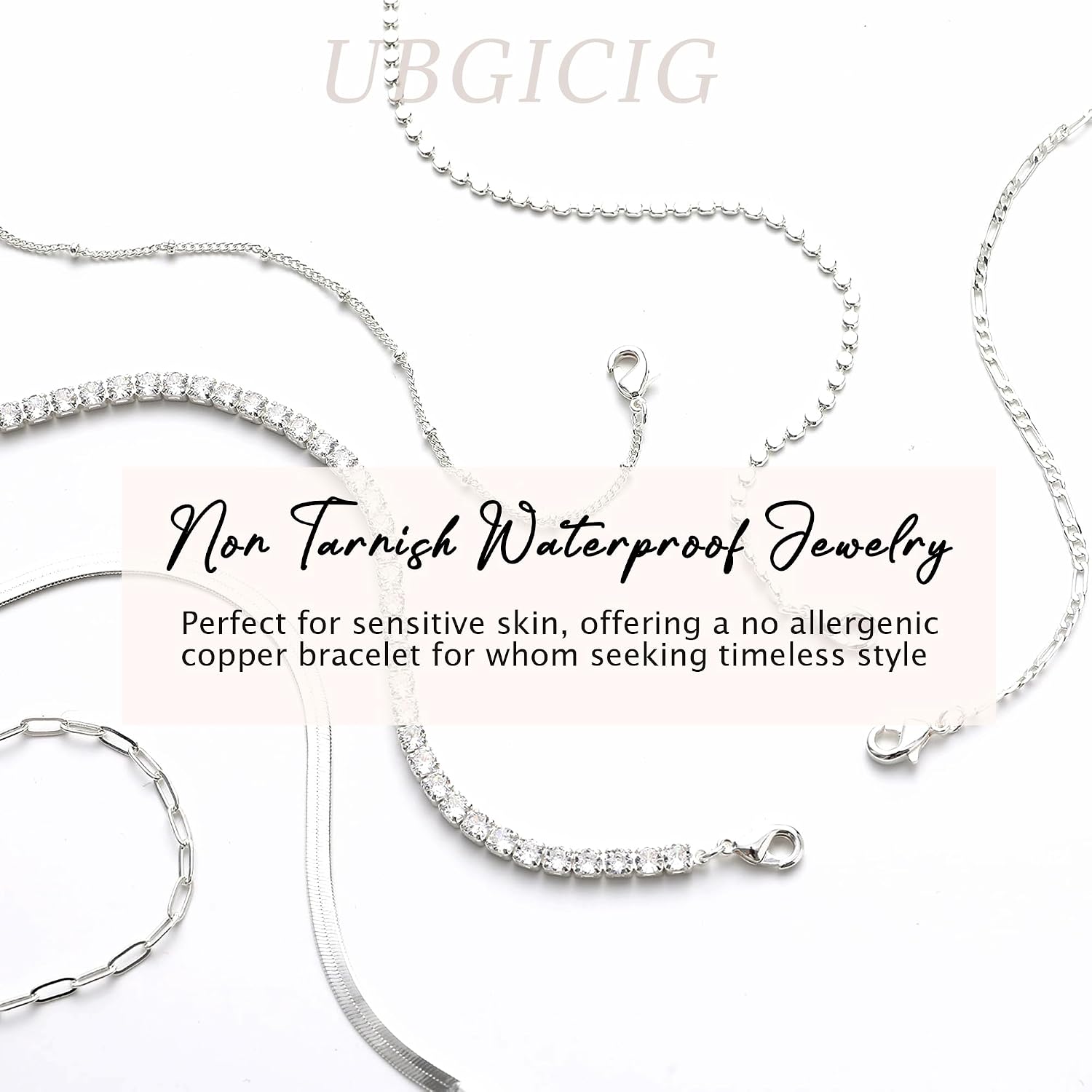 UBGICIG 6/7Pcs 16K Gold Plated Bracelets for Women Trendy, S925 Silver Plated Bracelet Stack, Non Tarnish Waterproof Bracelets for Women, Paperclip Herringbone Figaro Cuban Twist Chains, 6.5"+2"
