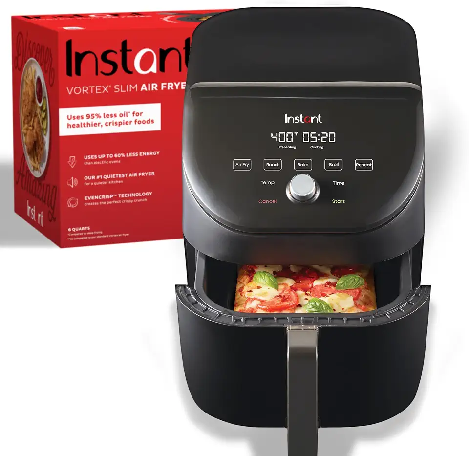 Instant Pot Vortex Slim XL 6QT Air Fryer that Crisps, Roasts, Reheats, Bakes, Broils & is Quiet, Space Saving, Nonstick, Dishwasher-Safe, 100+ In-App 