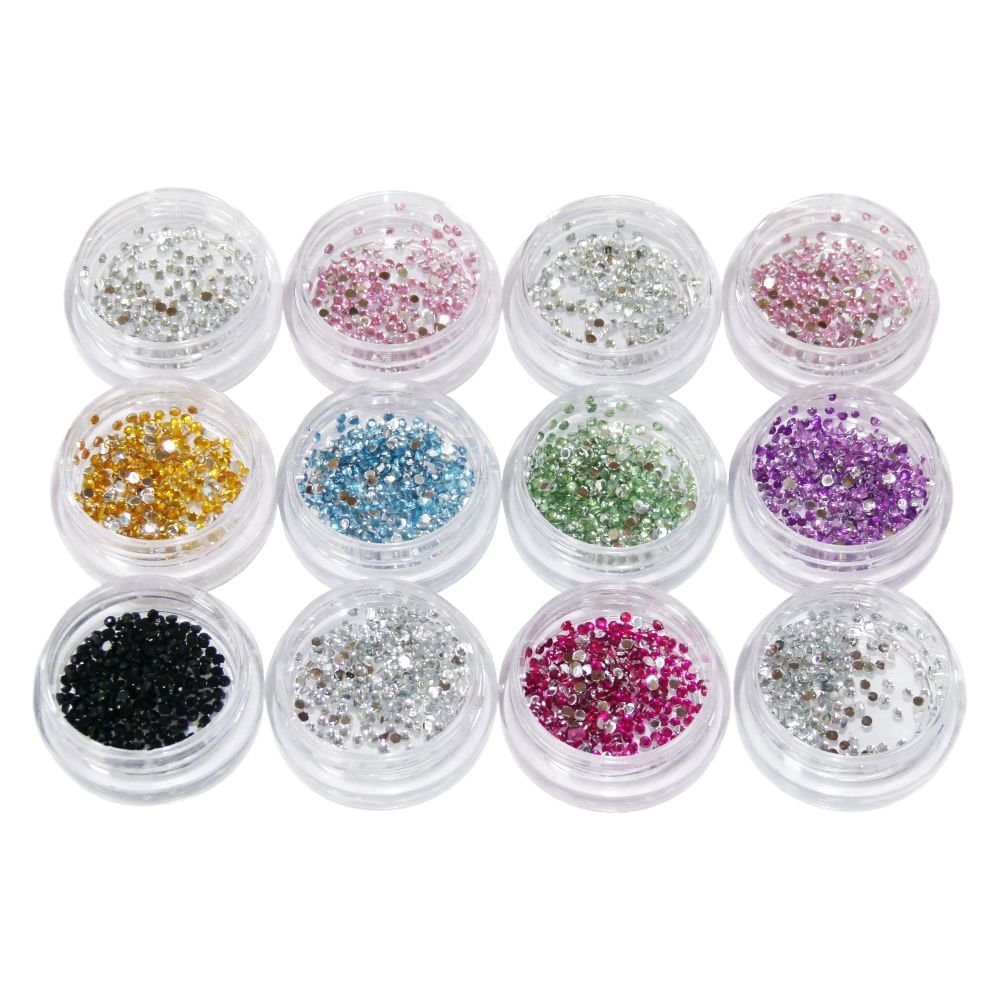 Rhinestones Round 1.2 mm in Storage Containers 2600 Pieces 12 Containers Stones Sorted by Colour