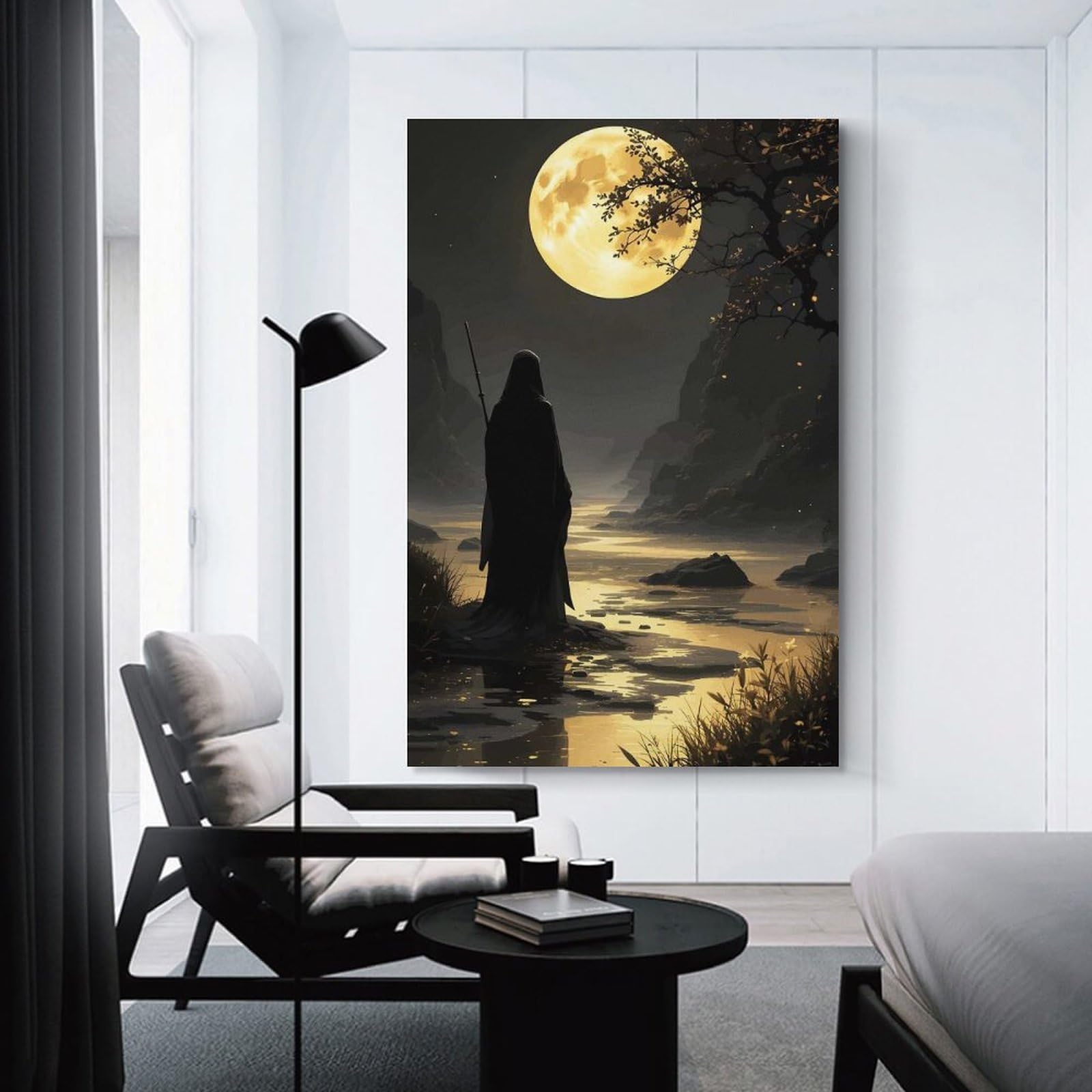 Junmoney Mysterious Figure Under A Full Moon Room Decor Wall Art, 20x30inch(50x75cm), for Hallway, Lounge Or Guest Room, Gift Idea for Housewarming And Birthdays