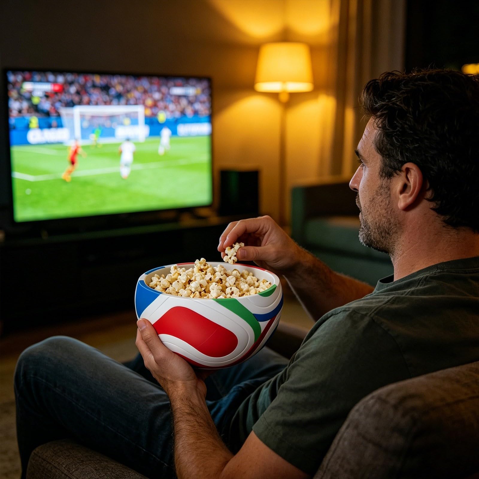Ciotola per snack in plastica riutilizzabile a forma di calcio per popcorn per feste ed eventi sportivi per servire patatine fritte, noci, snack, regalo per gli appassionati di calcio