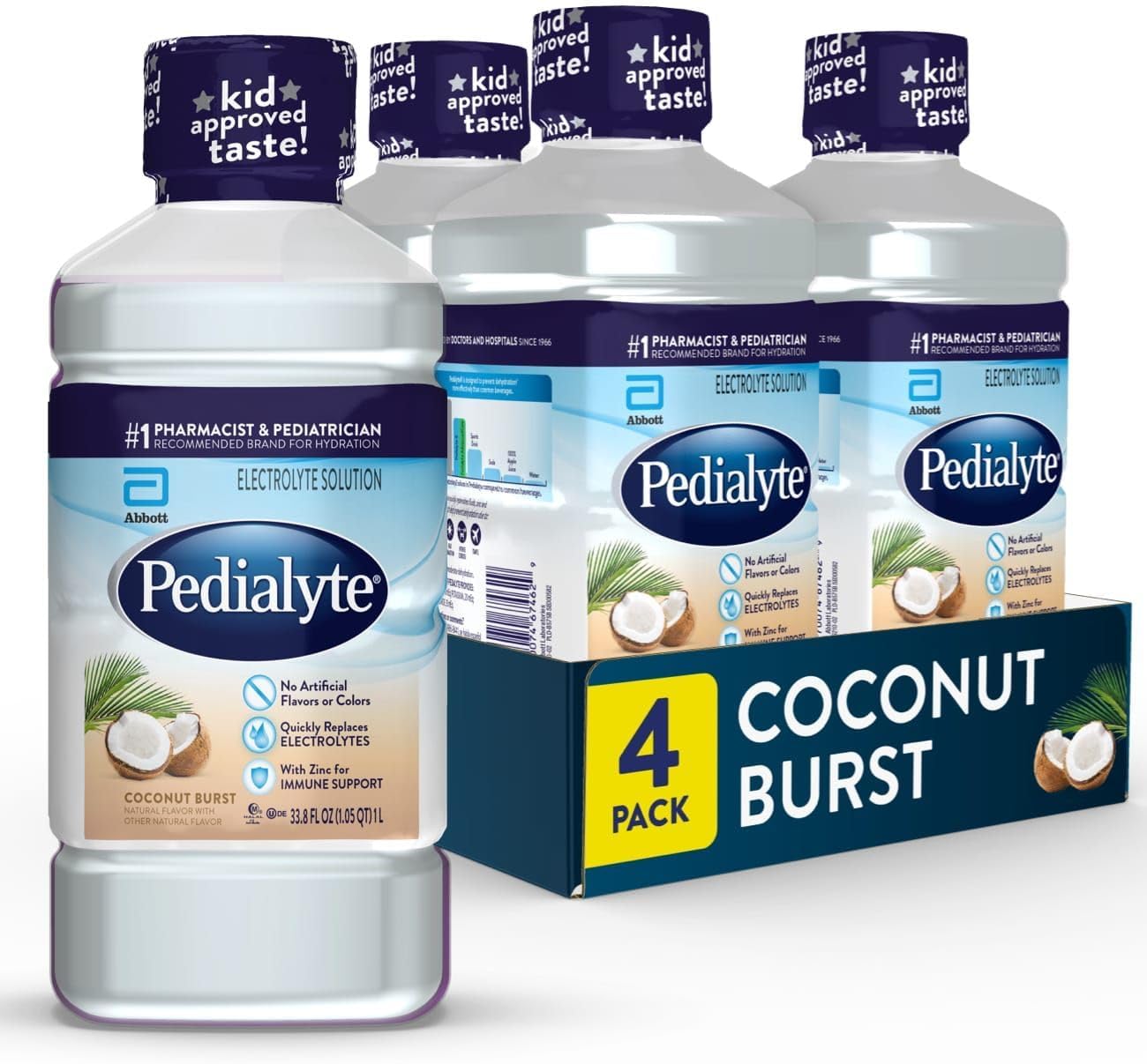 Pedialyte Electrolyte Solution, Coconut Burst, Hydration Drink, 33.8 Fl Oz (Pack of 4)
