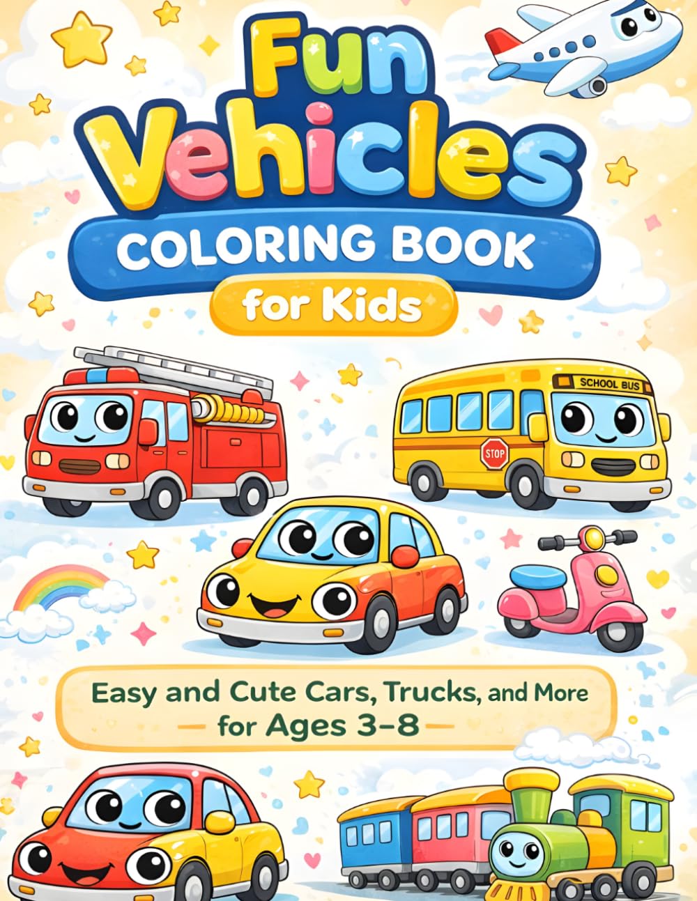 Fun Vehicles Coloring Book for Kids: Simple & Easy Cars, Trucks, and More for Toddlers Ages 3–8| Cute Vehicle Coloring Book