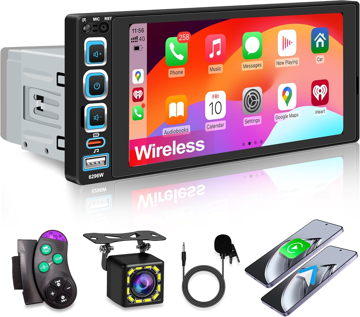 6.9" Single Din Car Stereo Wireless Apple CarPlay,IPS 1280 * 480 Capacitance Touchscreen, Car Bluetooth 5.2, FM Car Radio, Car Audio Receicers, Night VisionBackup Camera, Android Auto, USB Type-c