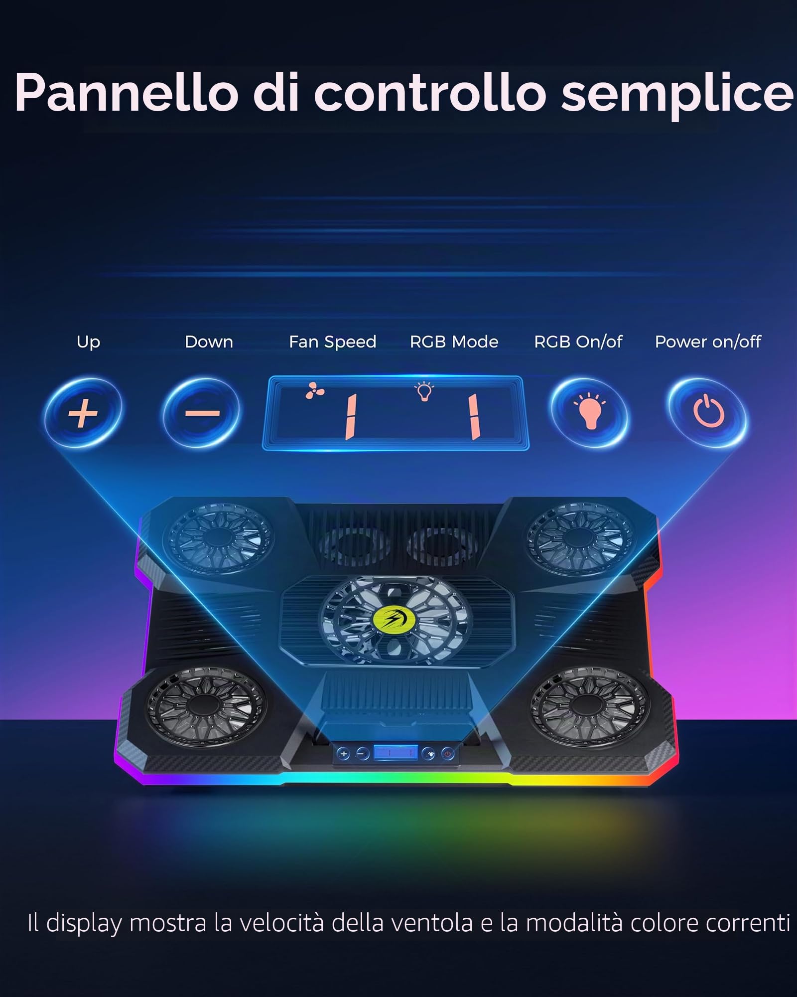 ChillCore Tappetino di raffreddamento per computer portatile, luci RGB, 9 ventole per laptop da 15,6-19,3 pollici, ventola di raffreddamento per laptop da gioco, con 8 supporti di altezza, 2 porte