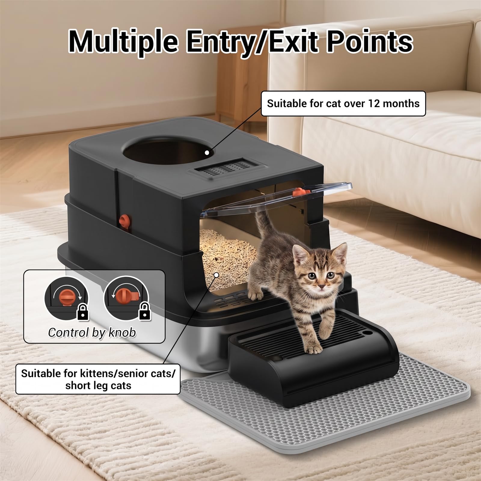 Lettiera per gatti in acciaio inox con coperchio, lettiera extra large per gatti di grandi dimensioni, lettiera in metallo con lato alto chiuso e paletta, facile da pulire, ingresso dall'alto