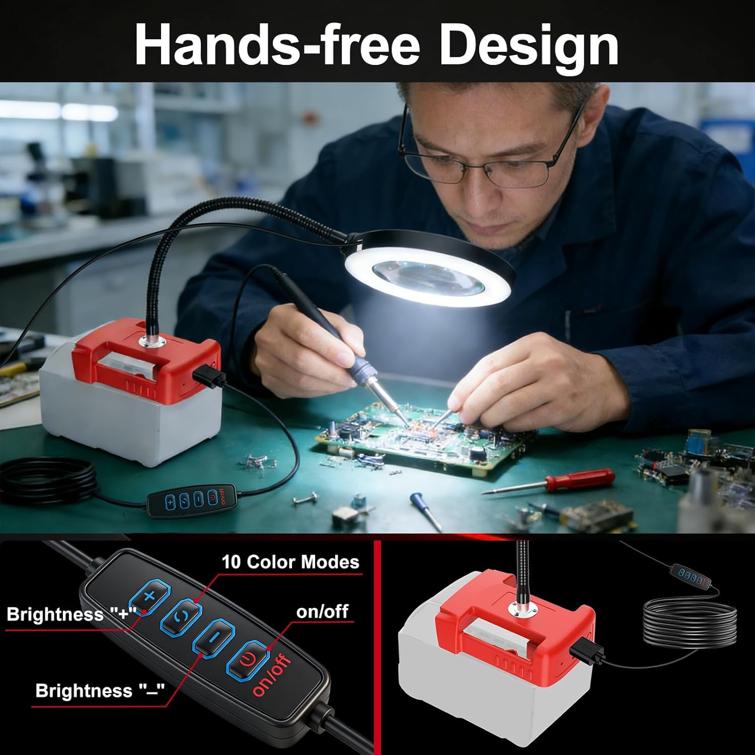 8X Magnifying Glass with Light and Battery Adapter for Milwaukee 18V m-18 Li-ion Battery, 72 LED 3 Color Modes Desk Lamp, Hands Free Flexible Gooseneck Magnifier for Close Works Crafts Hobby Tool Room