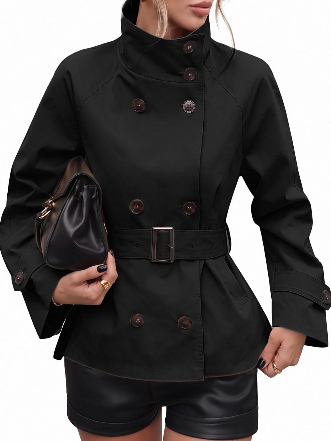 ELLEVEN Womens Cropped Trench Coat Funnel Neck Fall Trendy Jacket with Belt