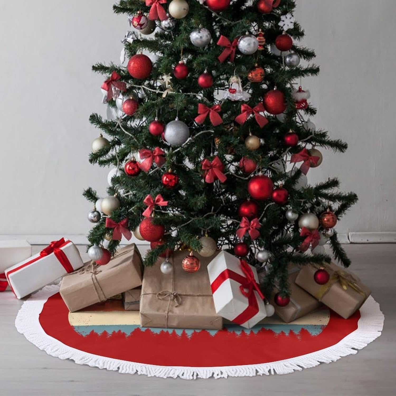 Vintage Airplane Christmas Tree Skirt Round Xmas Tree Mat Ornaments Tree Skirts with Tassels for Holiday Party