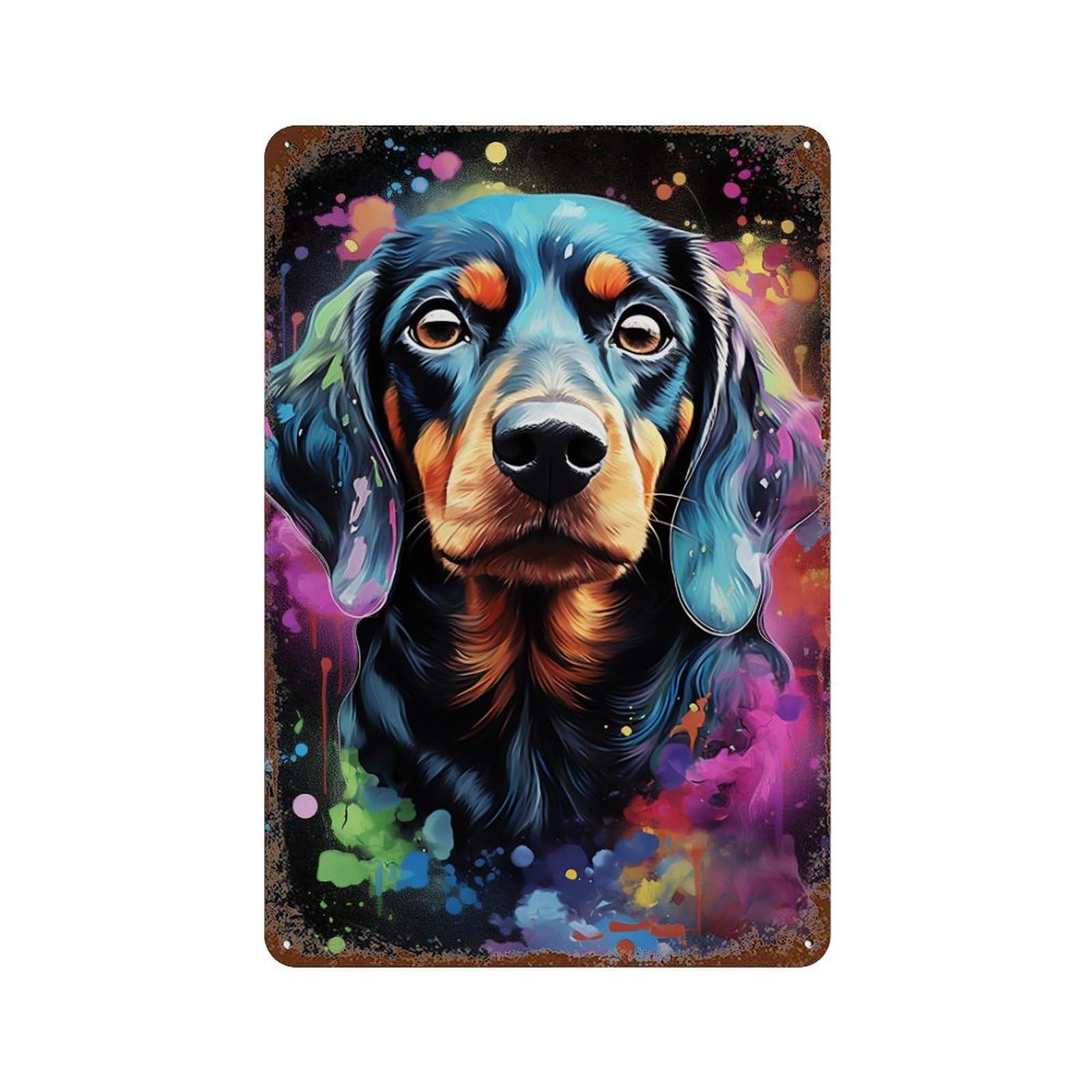 Aged Metal Wall Plaque with Colorful Dachshund Art Print Design 11.8"x7.9", for Shed, Workshop And Garage Wall Decor, Decorative Metal Wall Art