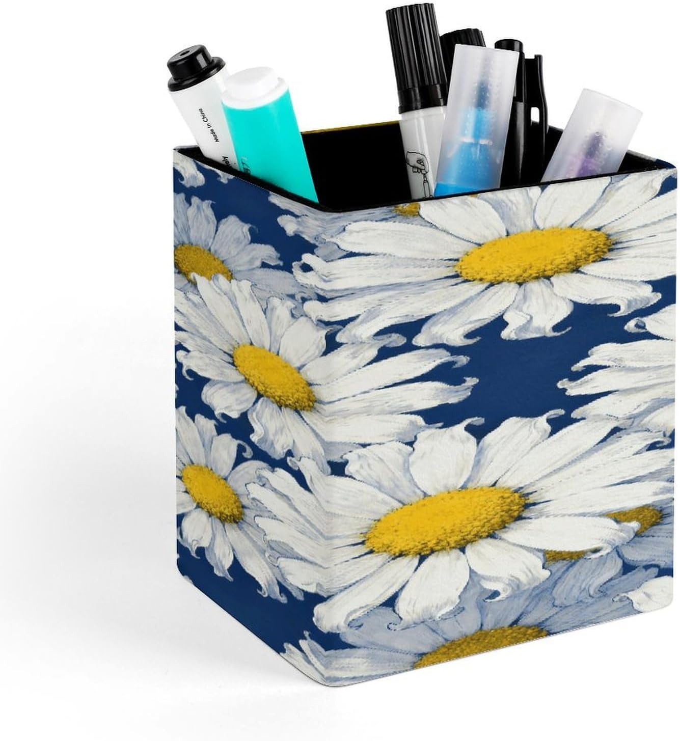White Daisies on Blue PU Leather Pen Holder Square Desktop Organizer Waterproof & Non-slip Office Supply Storage Box for Home Vanity Professional Workspace
