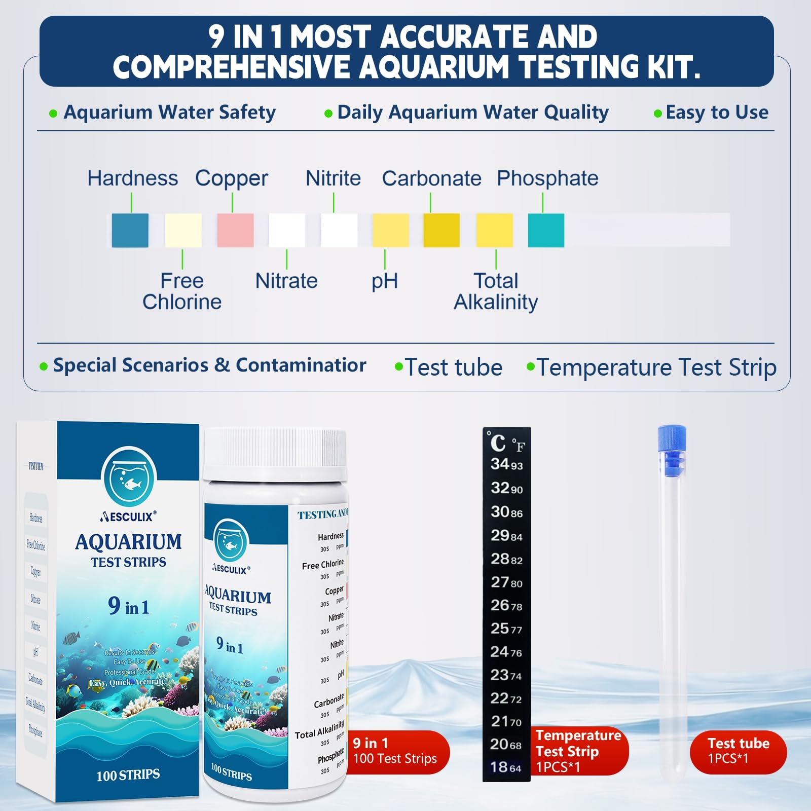 9 in 1 Aquarium Test Strips, 100 Count, Fish Tank Water Test Kit for Freshwater & Saltwater, Tests Nitrate, Nitrite, pH, KH, Total Alkalinity, Hardness, Free Chlorine, Copper & Phosphate - image 2